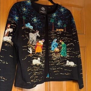 Michael Simon Black Cardigan with Festive Design, size Medium